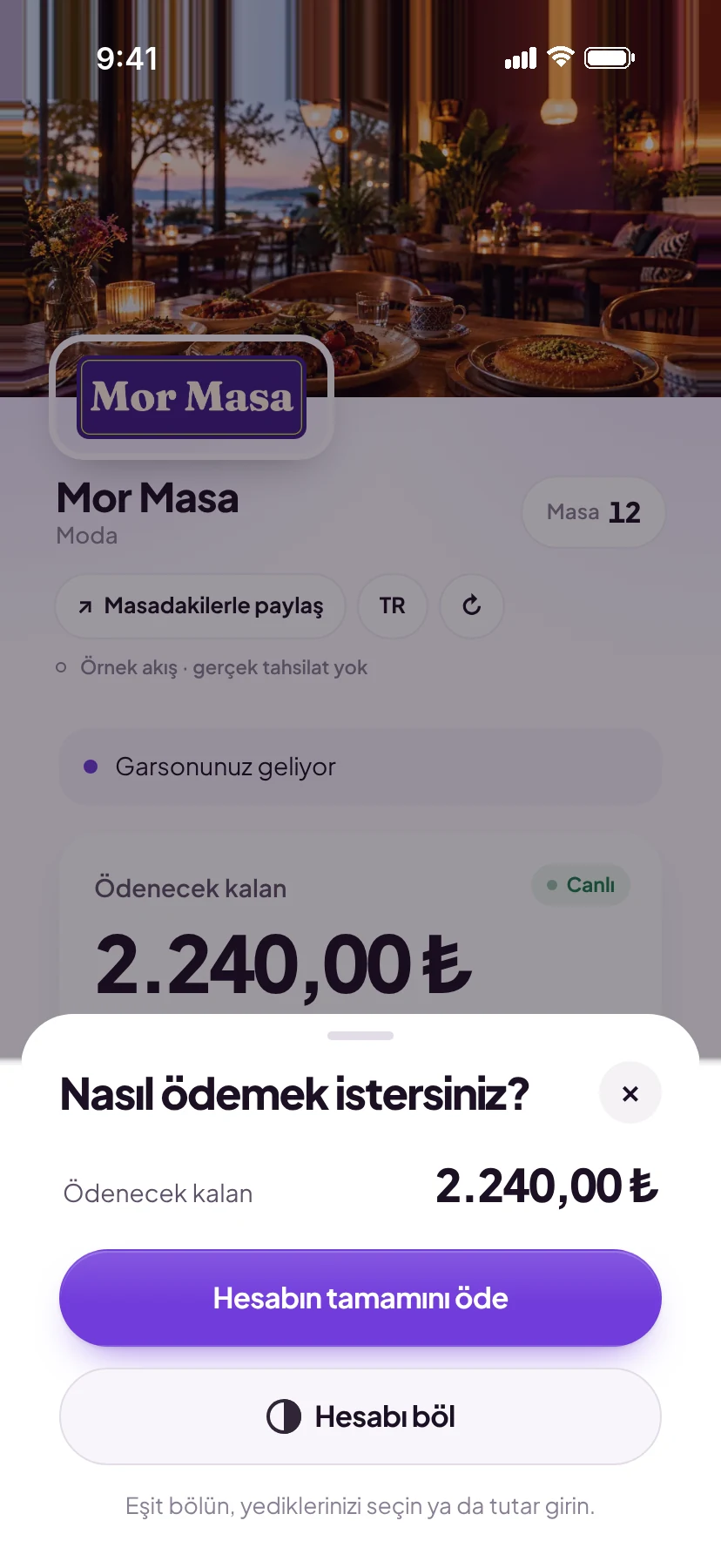 Hesabı böl seçenekleri