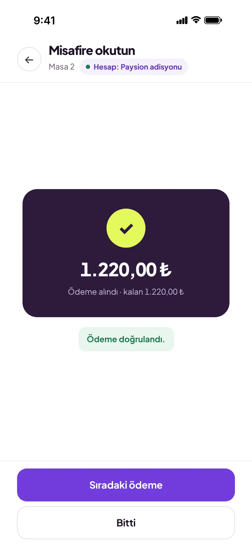 Ödeme alındı: kalan tutar güncellendi
