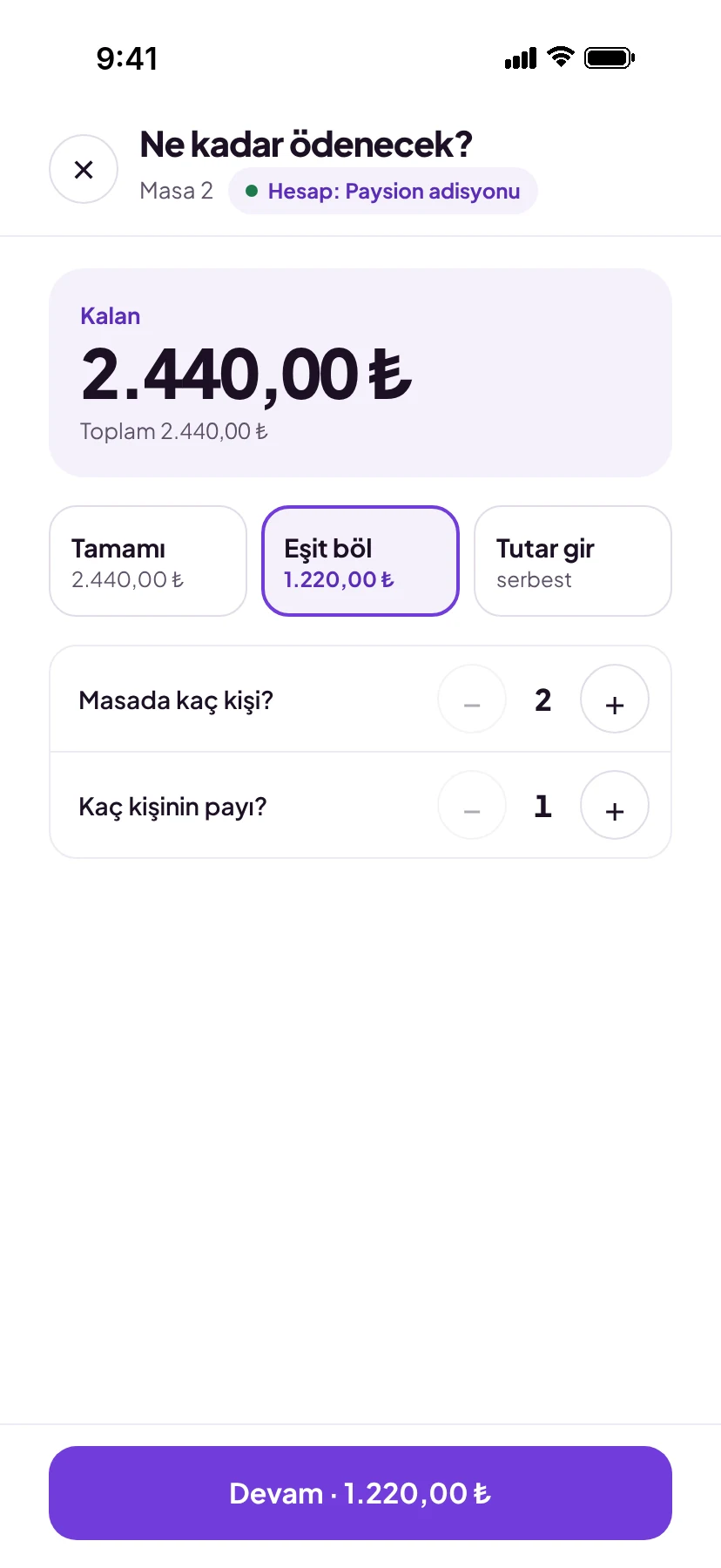 Garsonun telefonunda Masa 12: tamamı, eşit böl ya da tutar gir