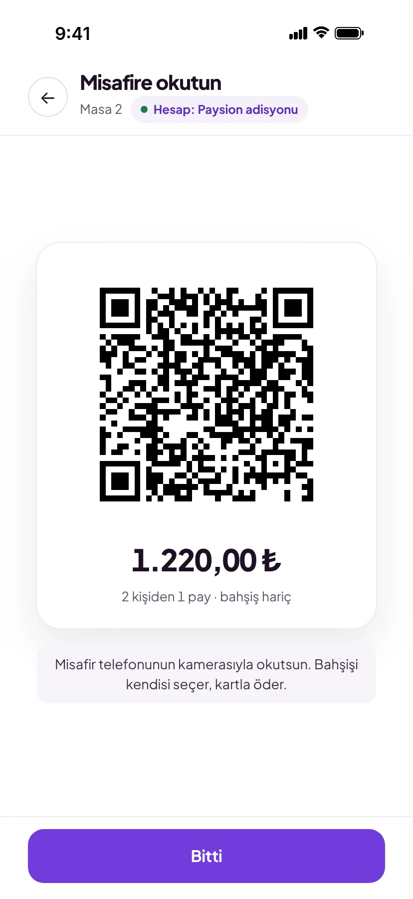 Misafire okutulan karekod ve ödenecek pay