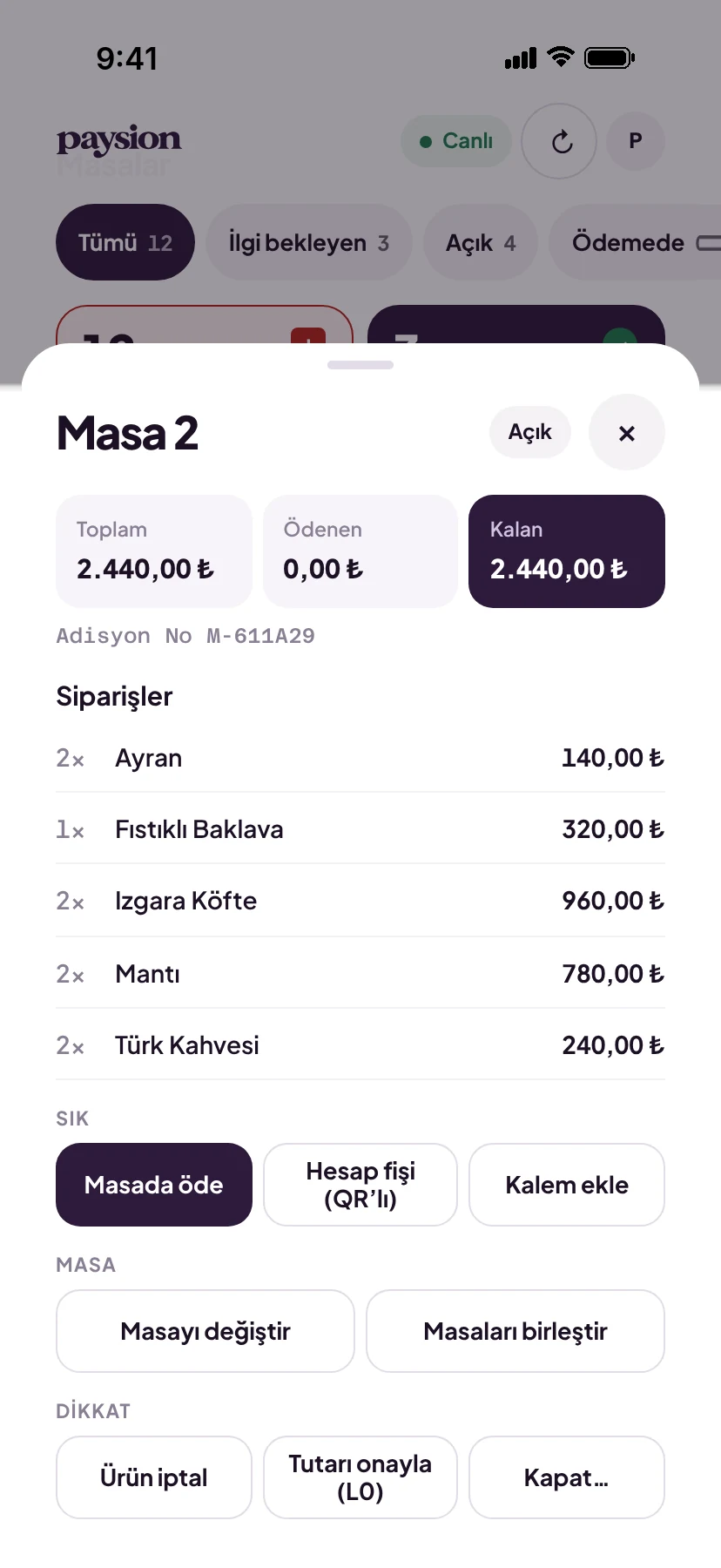 Garson ekranında Masa 7: siparişler, garsona not ve hesap fişi
