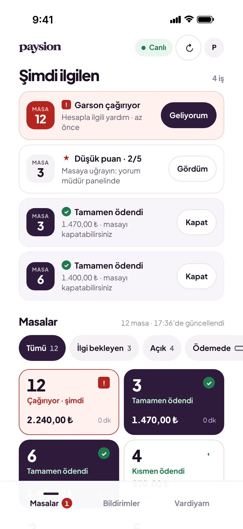 Garson ekranı: bugünkü bahşiş, garson çağrısı ve masa durumu