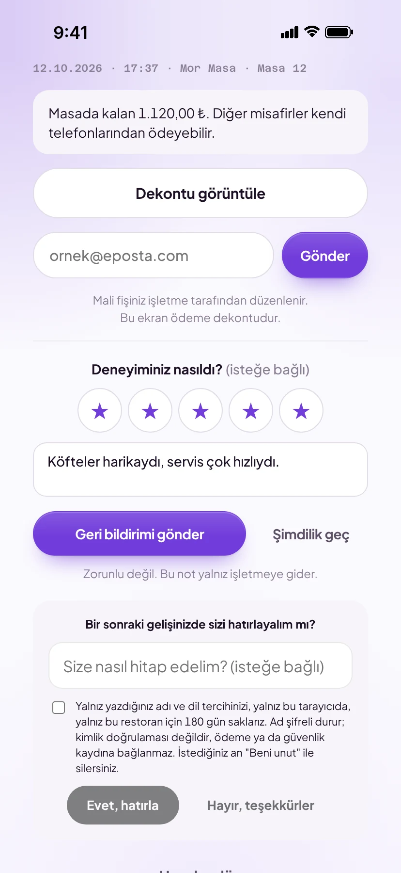 Dekontun altında 1–5 puan ve isteğe bağlı not